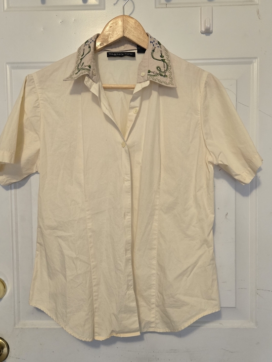 Eagles Eye Tops - Vintage Eagles Eye Cream Embroidered Collar Short-Sleeve Shirt Size M